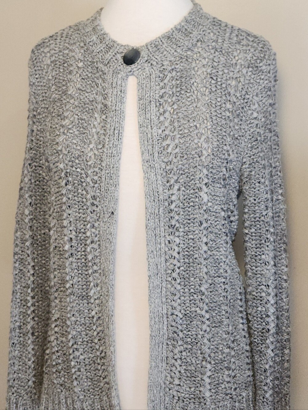 C11 Jones New York Collection Light Gray Knit Open One Button Cardigan Sweater
